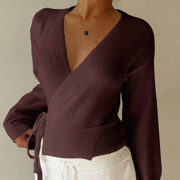 Chocolate Brown Casual Women's Wrap Tie Front Cardigan - Picture 4 of 7